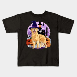 Golden Retriever Halloween Witch Pumpkins Ghost Haunted House Kids T-Shirt